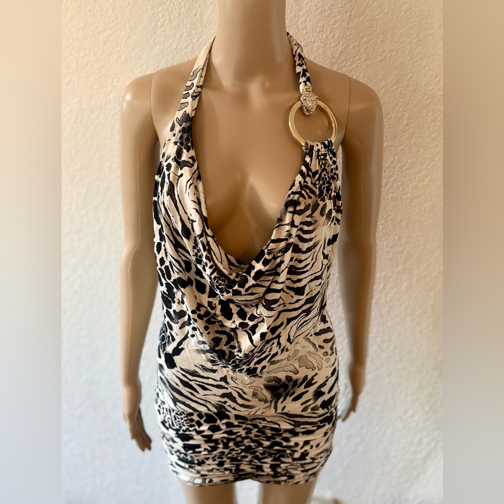 SKY Rare Original Y2K Black and Cream Animal Print Backless Halter Mini Dress - Picture 3 of 9